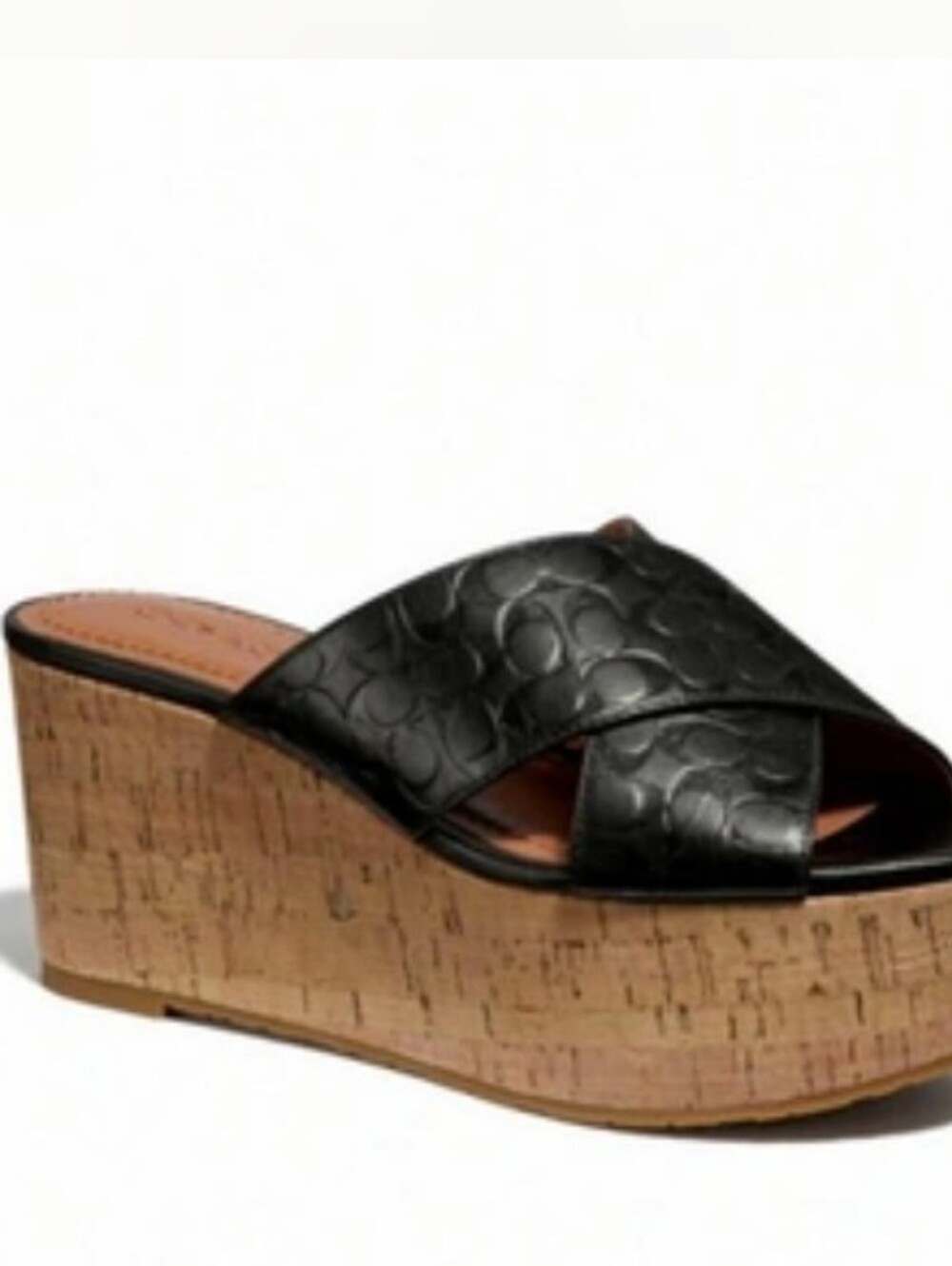 Coach Black Leather Cork Platform Slide Sandals